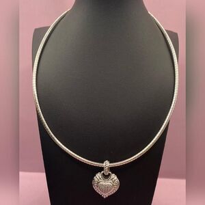 Italy 925 Sterling Silver Omega Necklace Heart Pave Pendant 46g Women's 17"